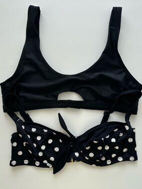 2 bikini tops: Polka Dot Bikini Top and solid black bikini top with peep hole- L